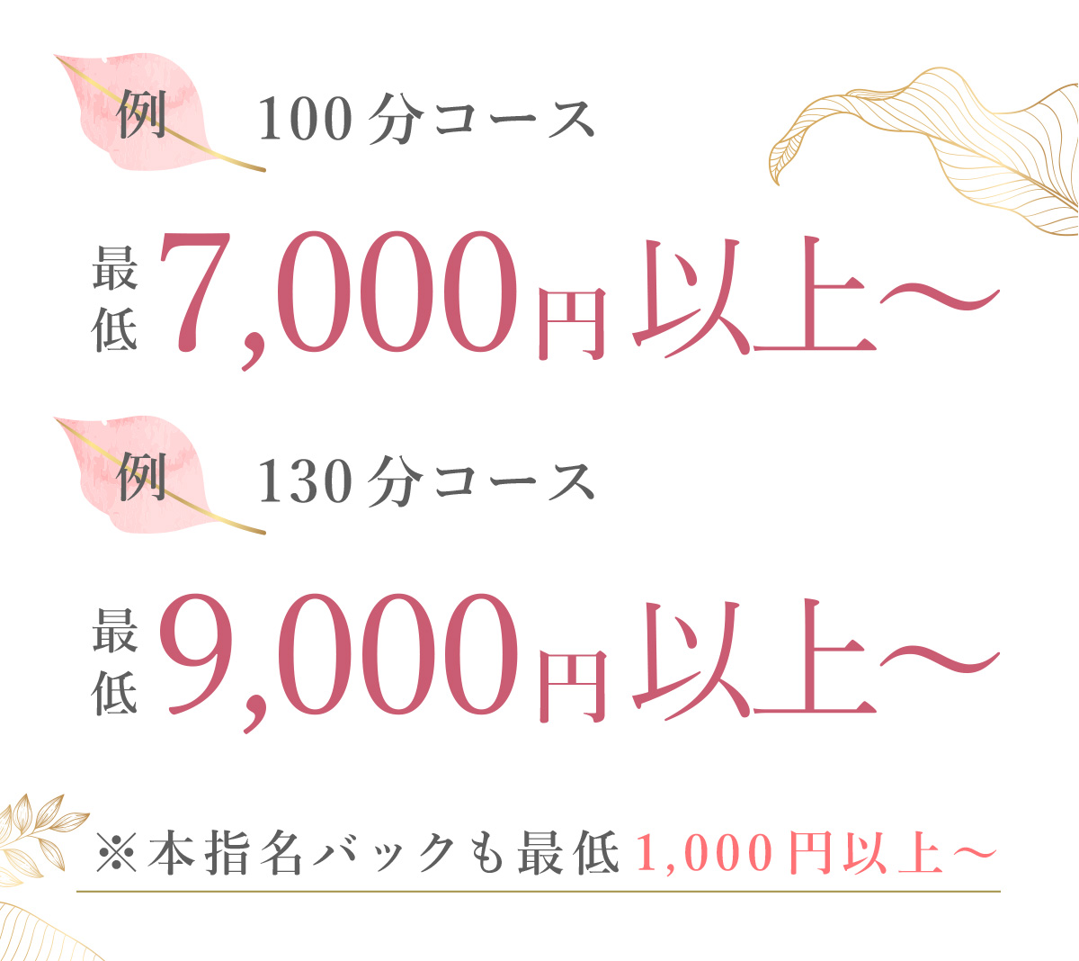 100分コース 最低7,000円以上～ 130分コース 最低9,000円以上～ 本指名バックも最低1,000円以上～